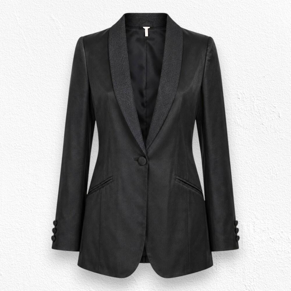 Free People Black Tencel Linen Longline Single Button Blazer Medium NWOT